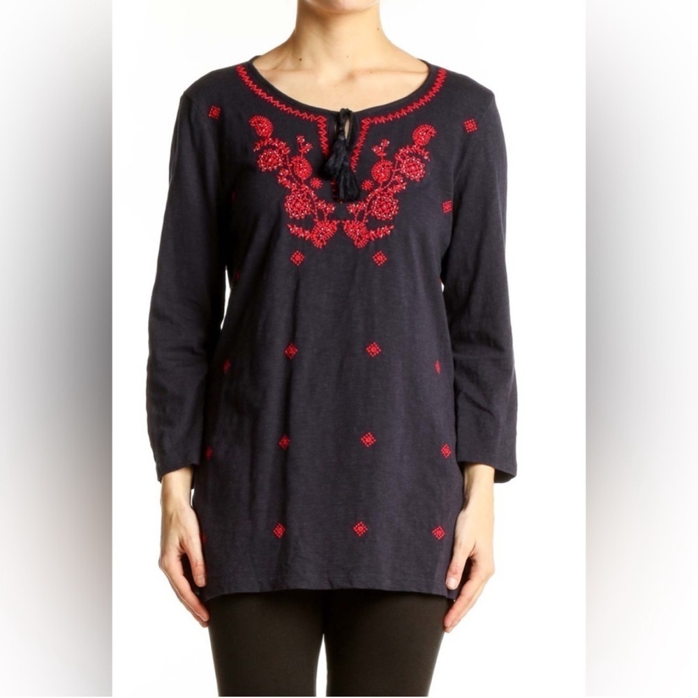 Talbots Tunic Women’s Large Navy & Red Floral Embroidered  M Tie Front Tunic Top